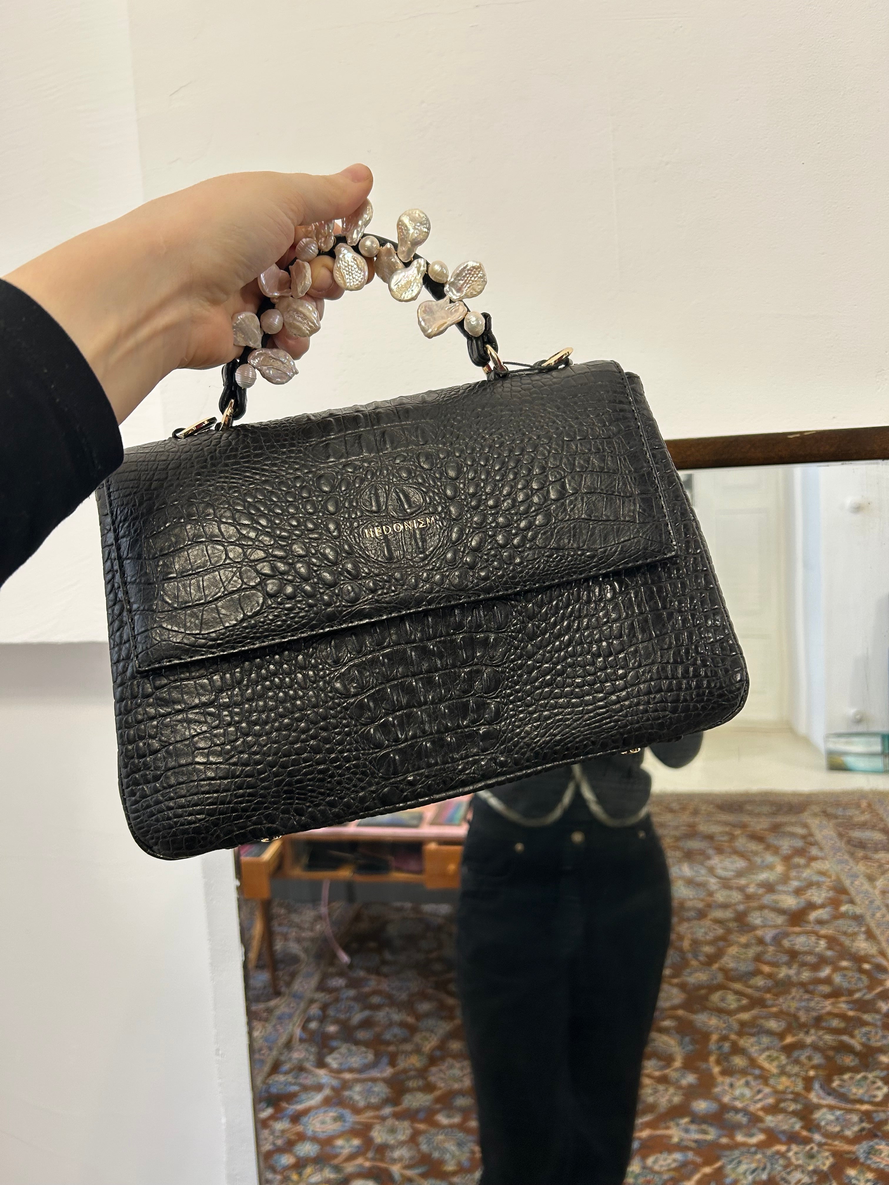 "Audrey M+" crocodile-embossed leather bag with freshwater pearls. Available in several leather colors.