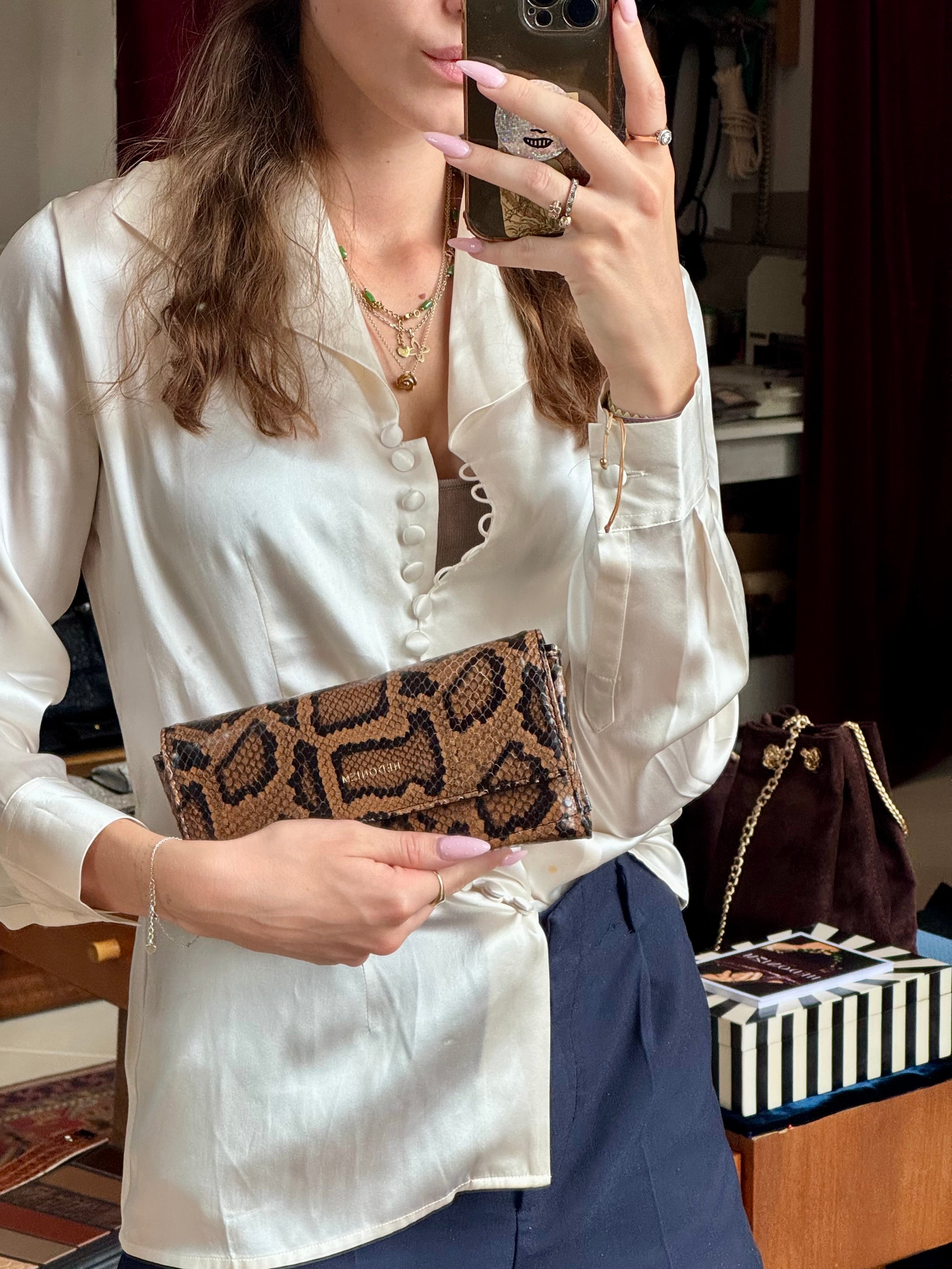 "All in one" 4-in-1 bag, brown and black snake-embossed leather. Last piece.