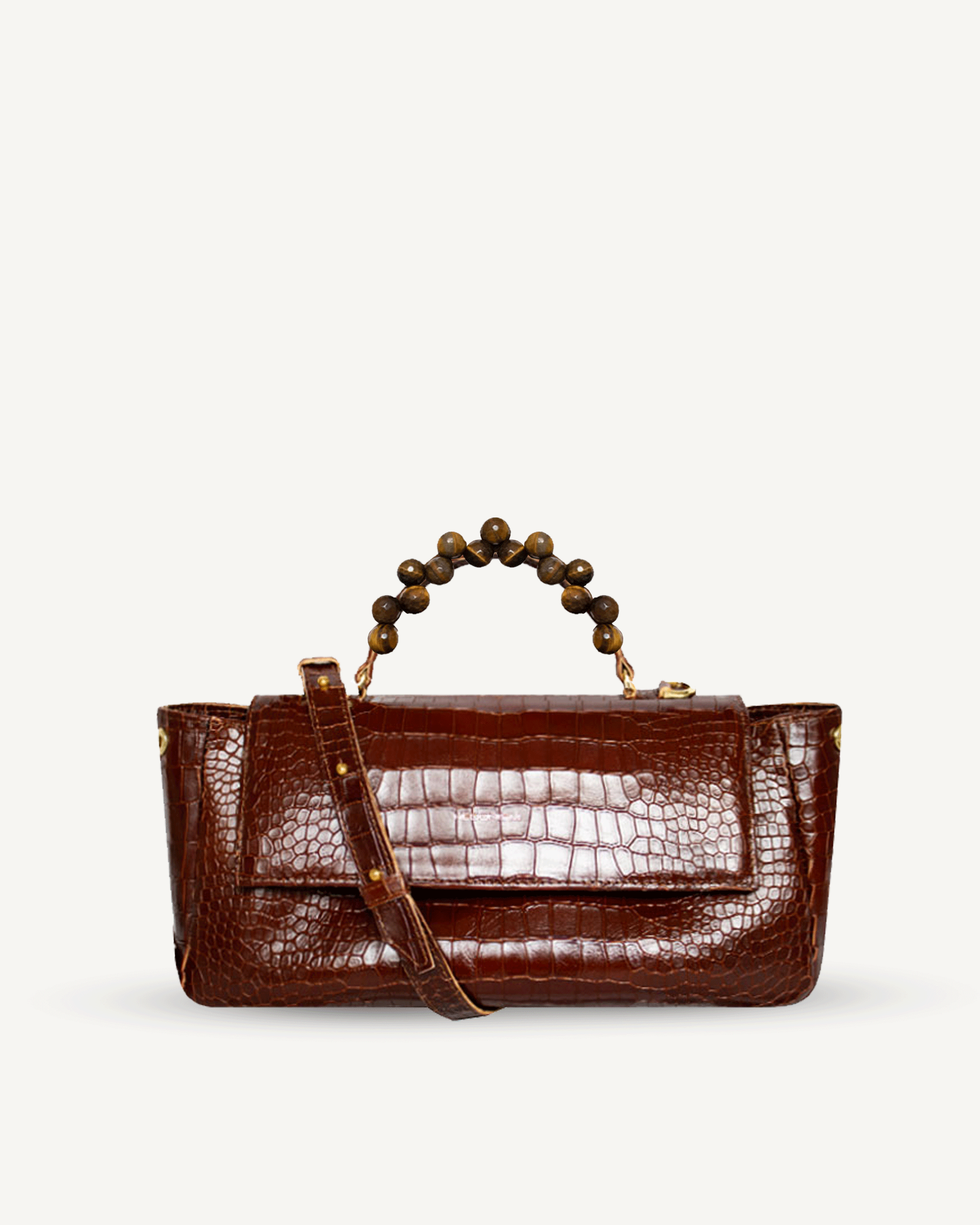 "Audrey Baguette" crocodile-embossed leather and faceted tiger's eye. Last piece.