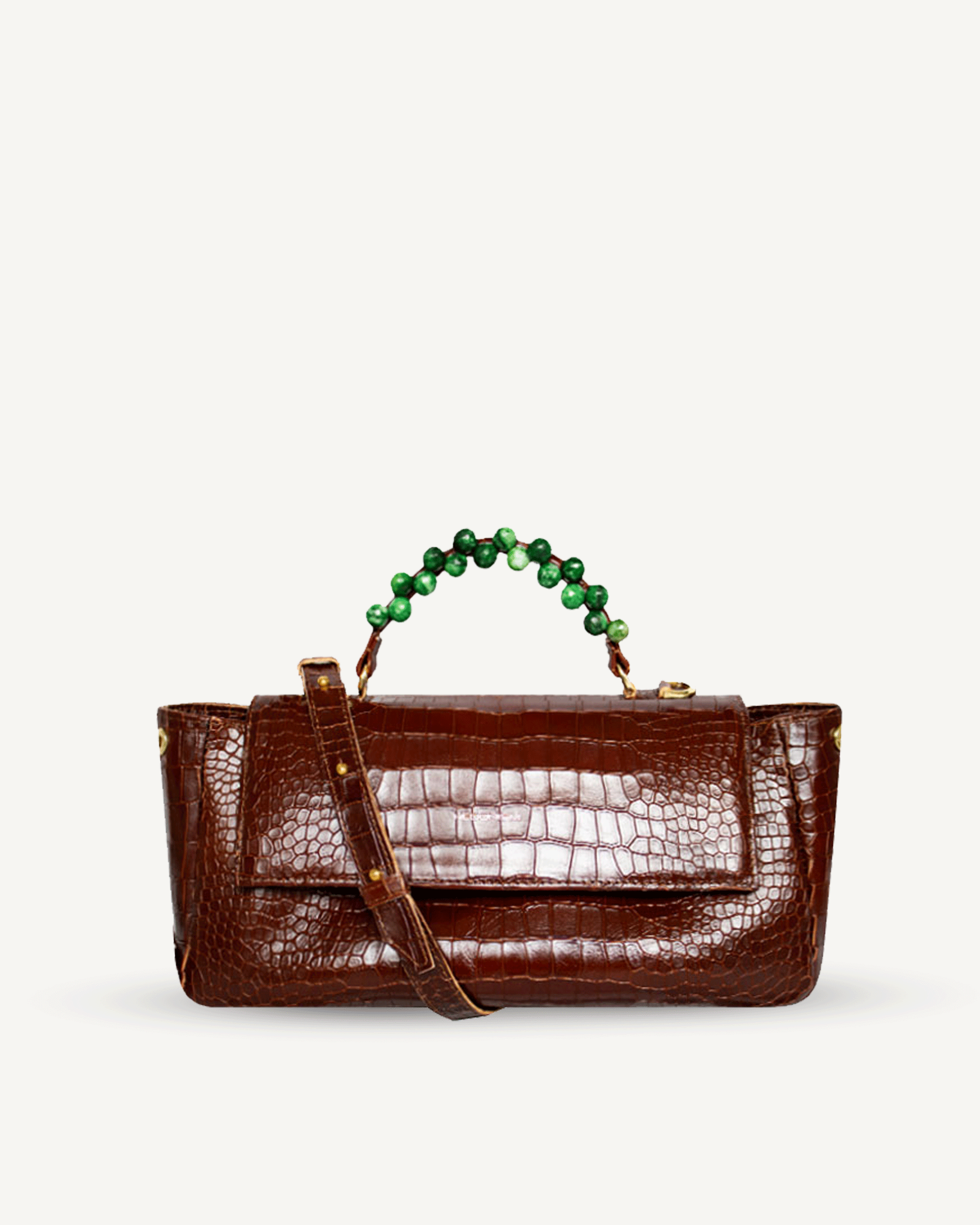 "Audrey Baguette" crocodile-embossed leather and green malachite. Last piece.