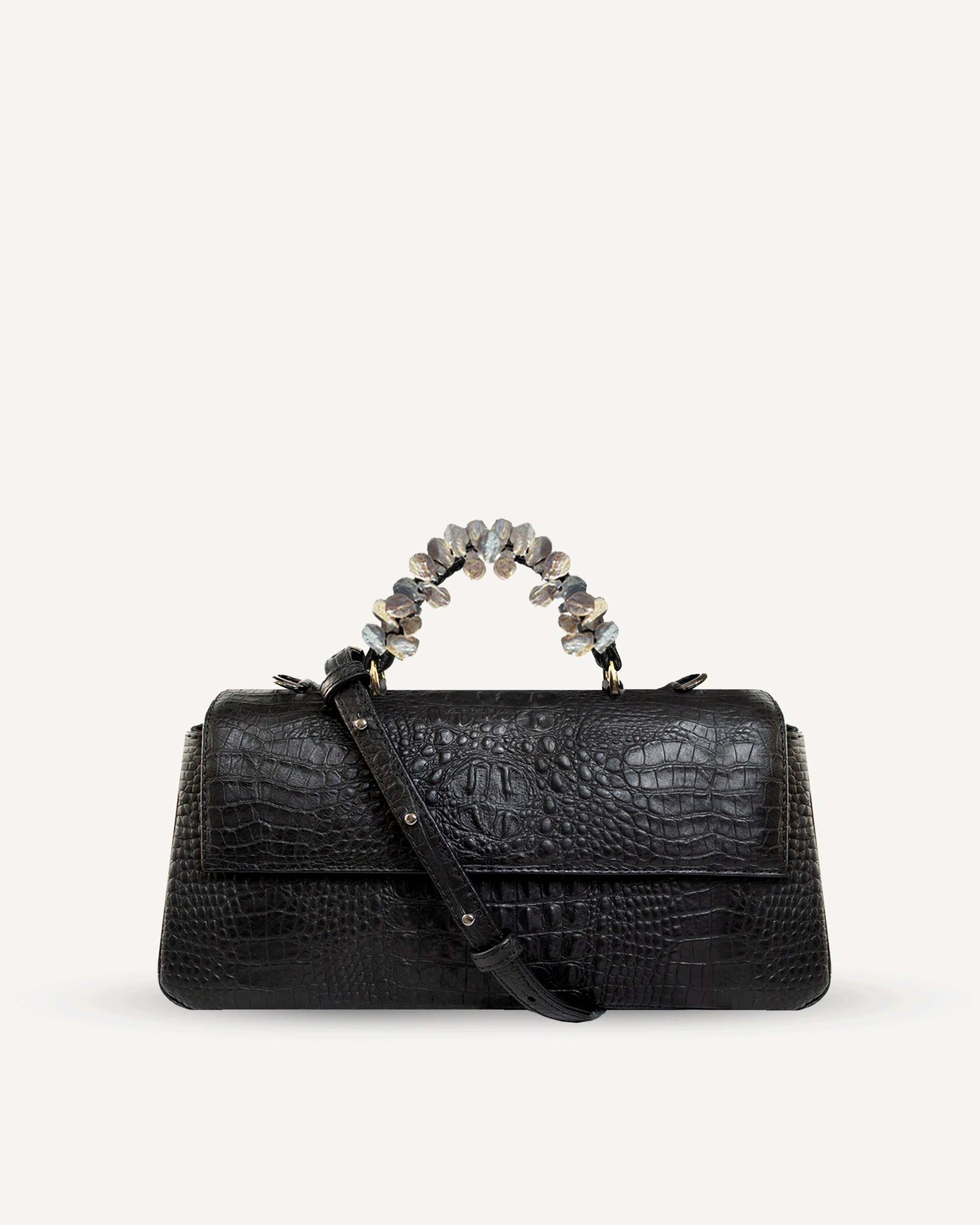 "Audrey Baguette" crocodile-embossed leather with freshwater pearls. Available in several leather colors.