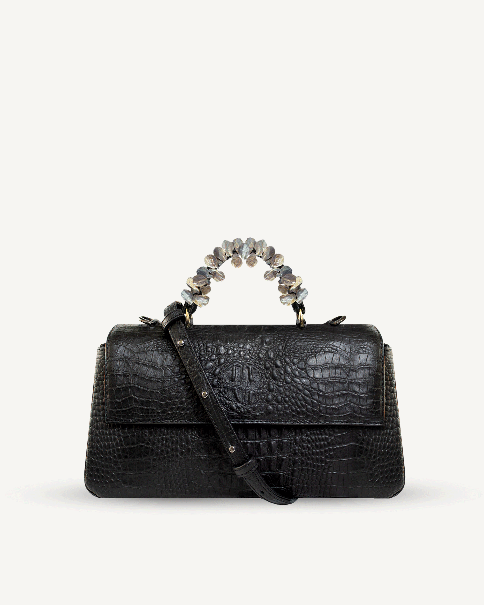 "Audrey M+" crocodile-embossed leather bag with freshwater pearls. Available in several leather colors.