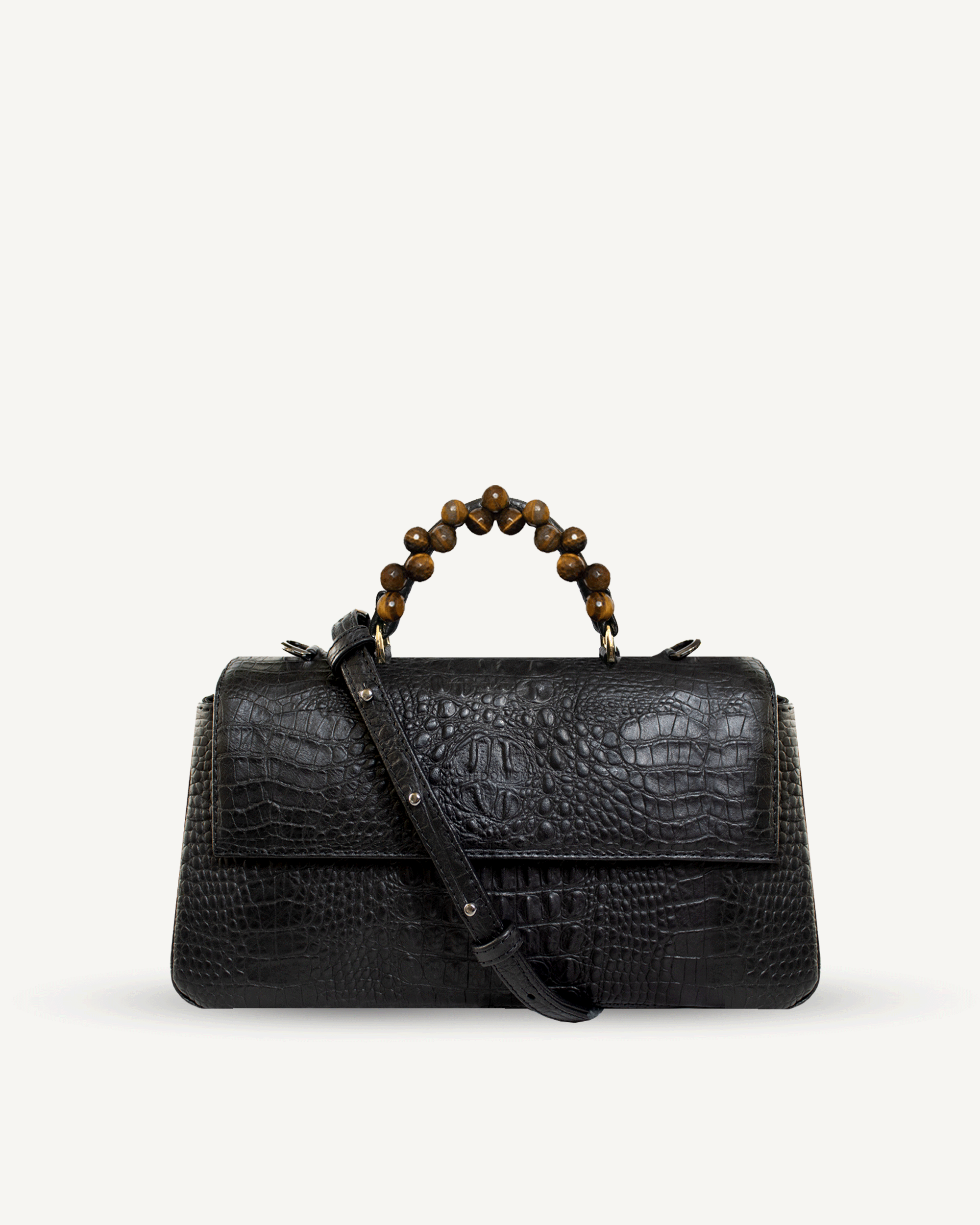 "Audrey M+" crocodile-embossed leather with faceted tiger eye. Several leather colors.