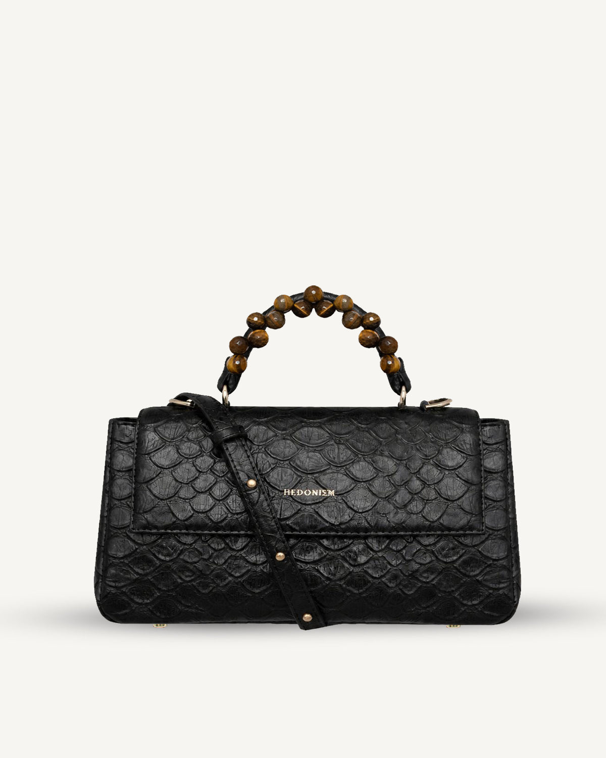 "Audrey Baguette" embossed fish scale leather with faceted tiger's eye. Available in two colours