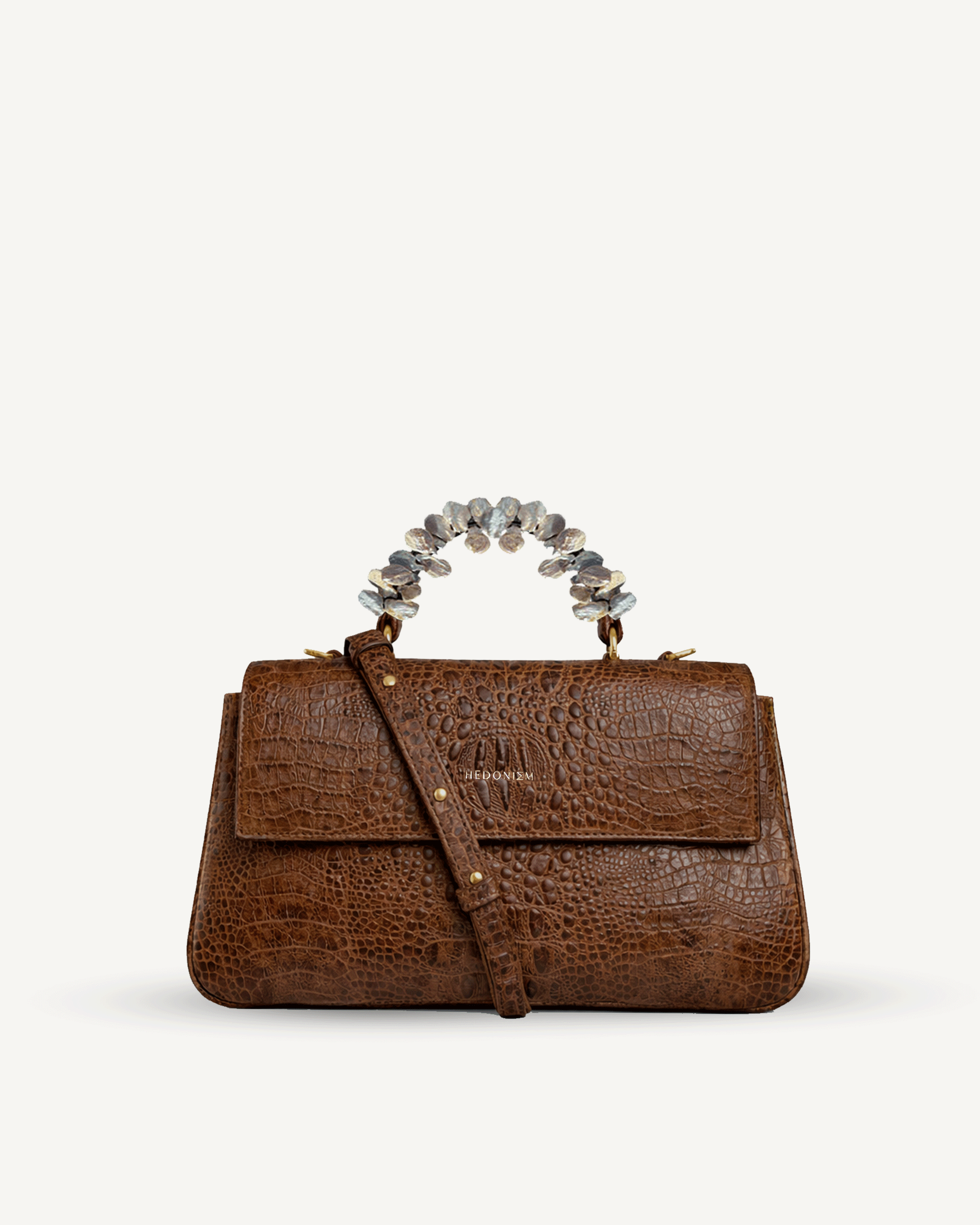 "Audrey M+" crocodile-embossed leather bag with freshwater pearls. Available in several leather colors.