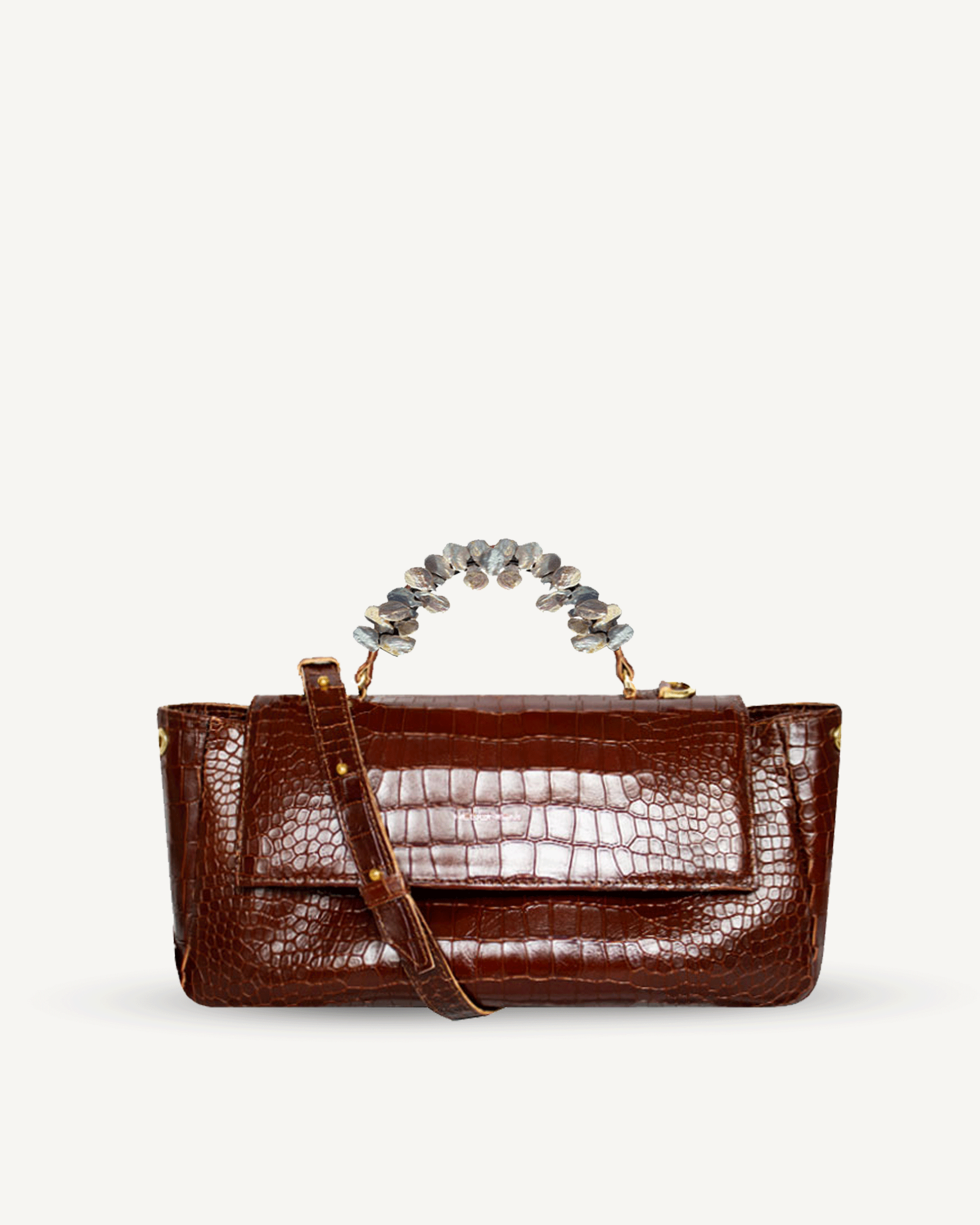 "Audrey Baguette" crocodile-embossed leather with freshwater pearls. Last piece.