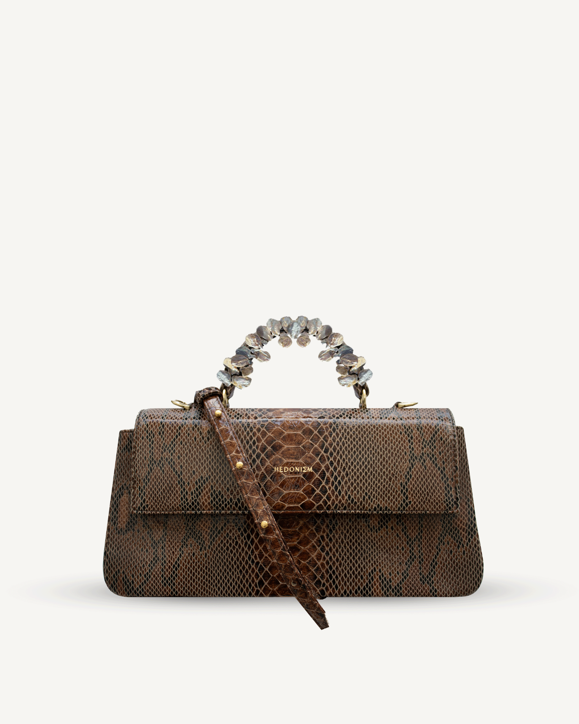 "Audrey Baguette" handbag with freshwater pearls, snake-effect leather. Available in two colors