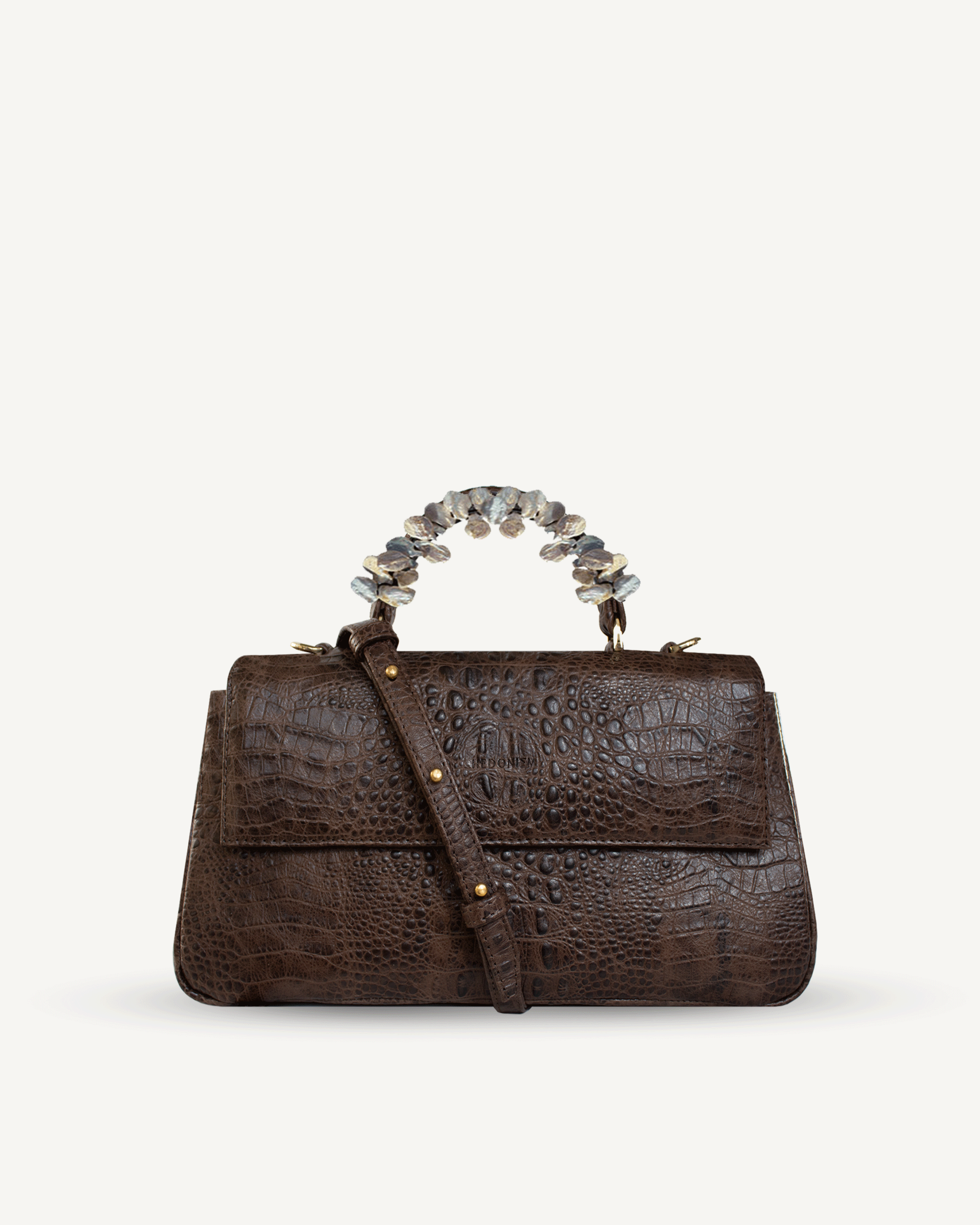"Audrey M+" crocodile-embossed leather bag with freshwater pearls. Available in several leather colors.