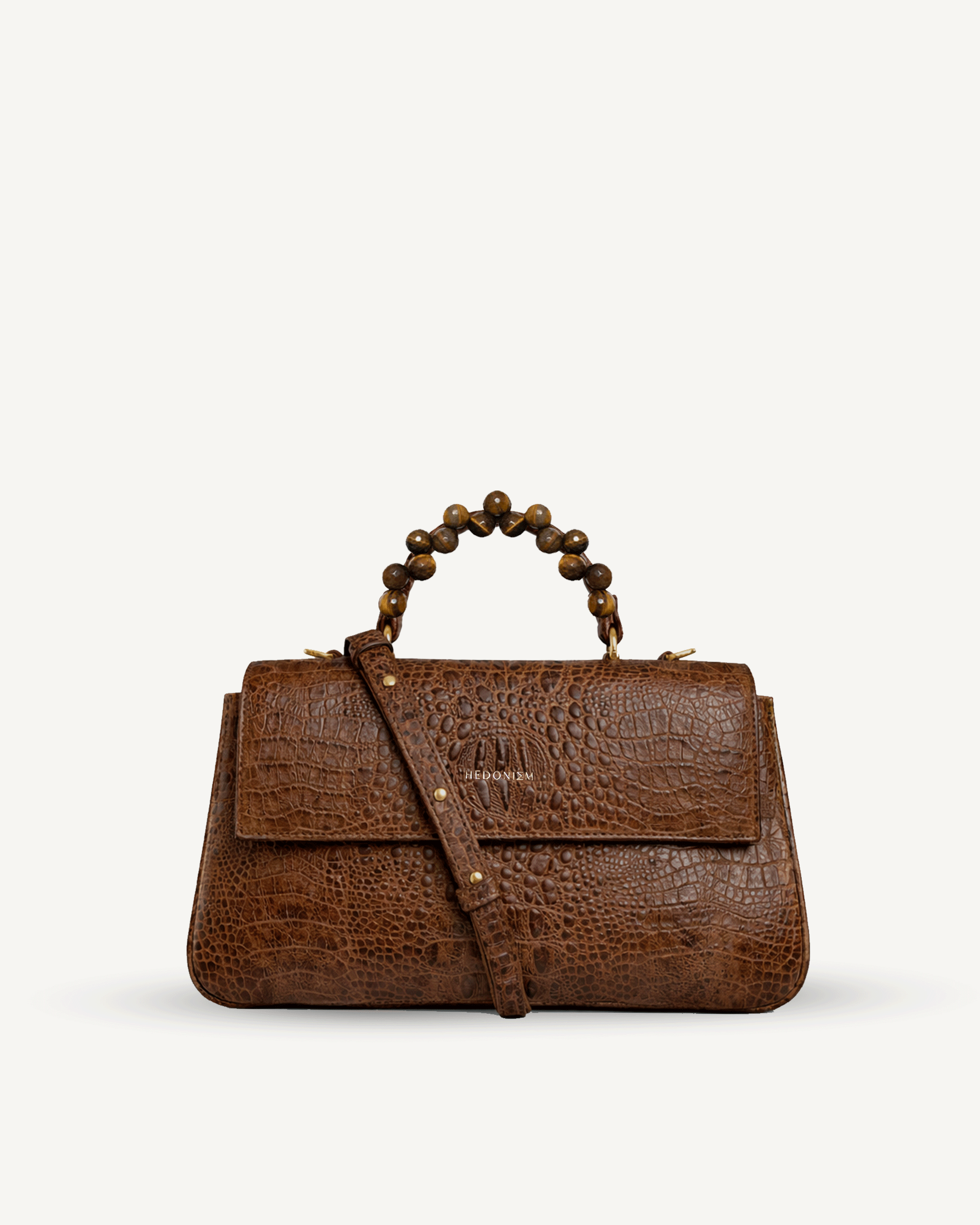 "Audrey M+" crocodile-embossed leather with faceted tiger eye. Several leather colors.