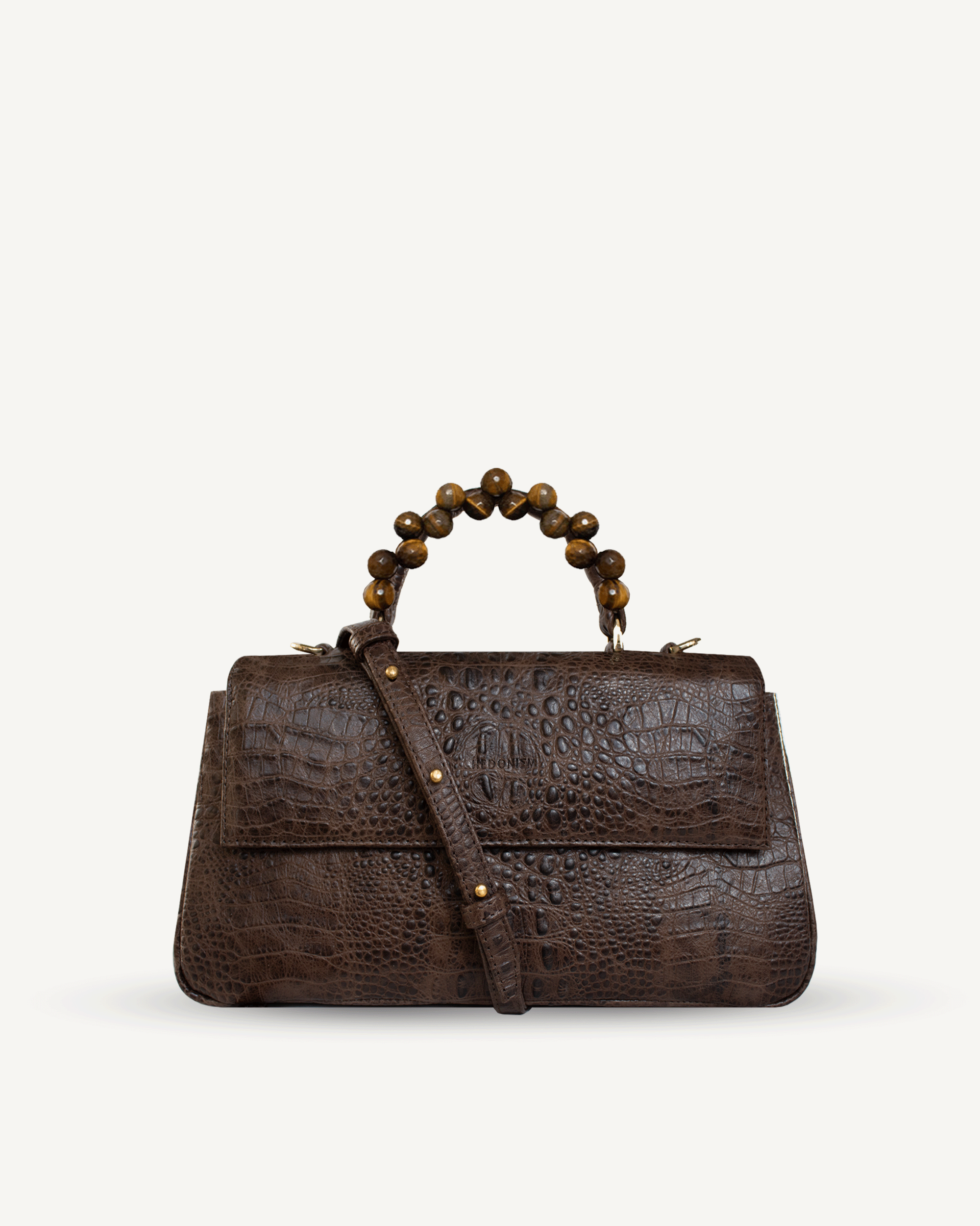 "Audrey M+" crocodile-embossed leather with faceted tiger eye. Several leather colors.