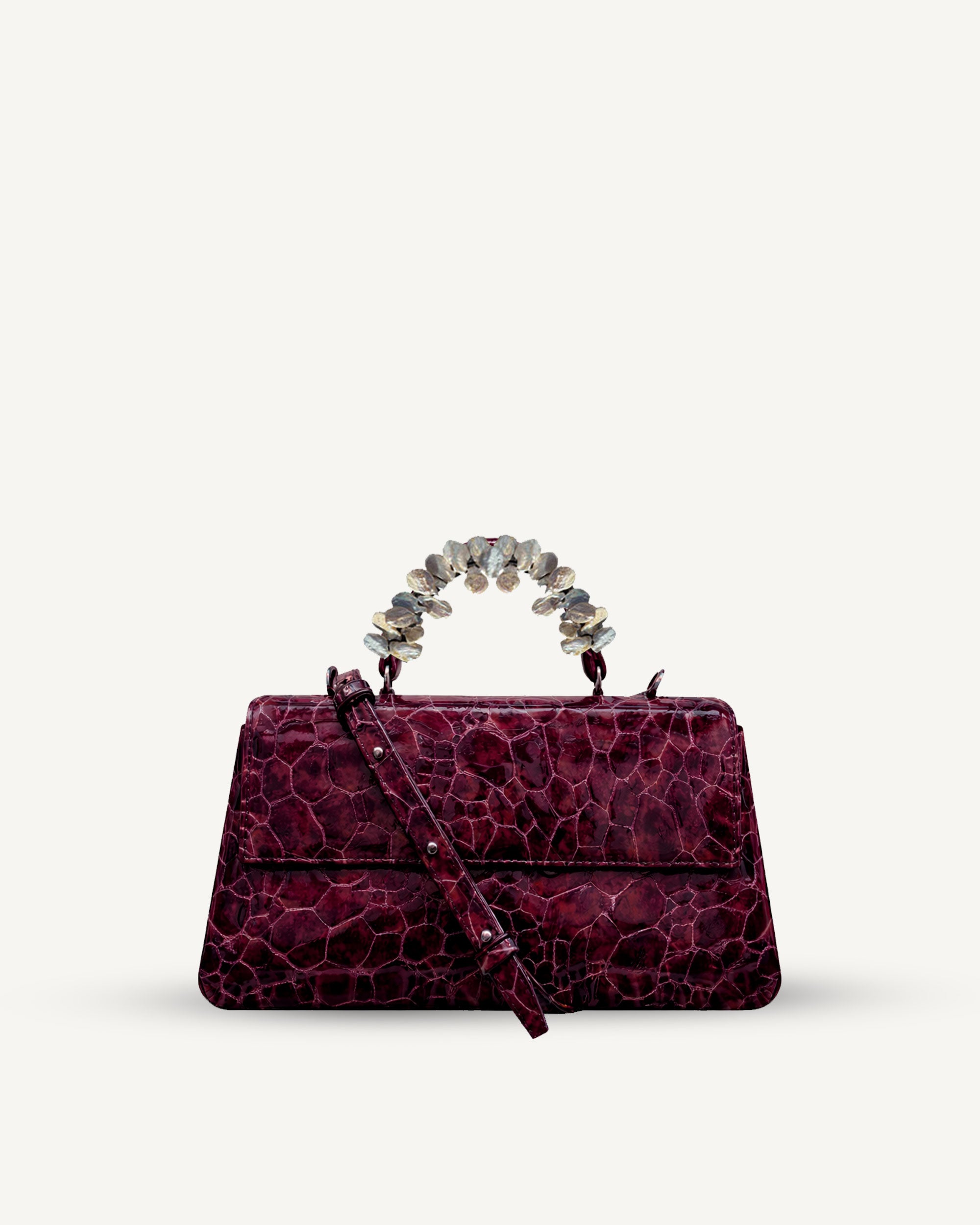 "Audrey" patent leather embossed with freshwater pearls. Available in three colors.