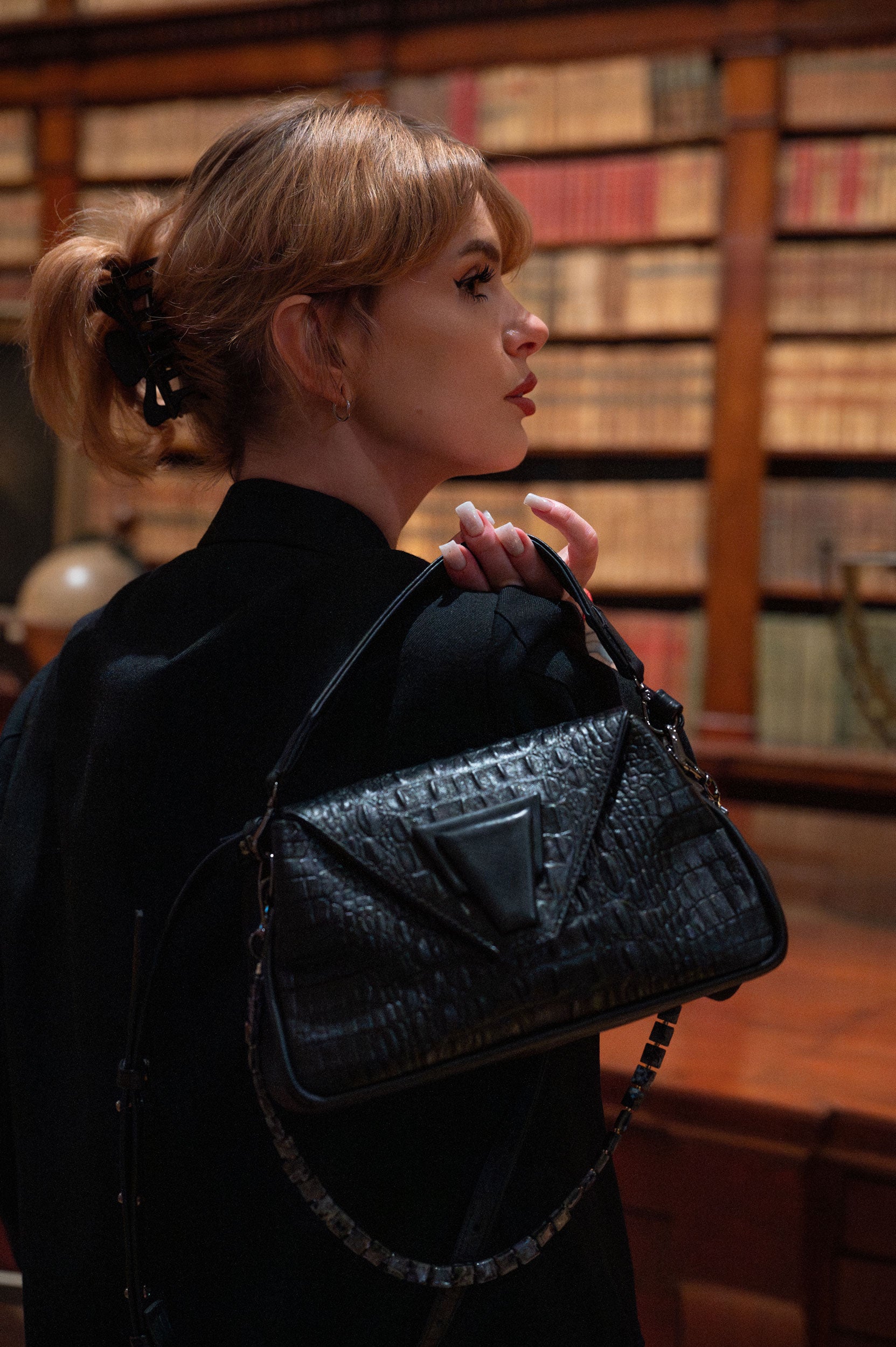 "Marquise de Montespan" smooth leather with crocodile embossing. Available in several colors.