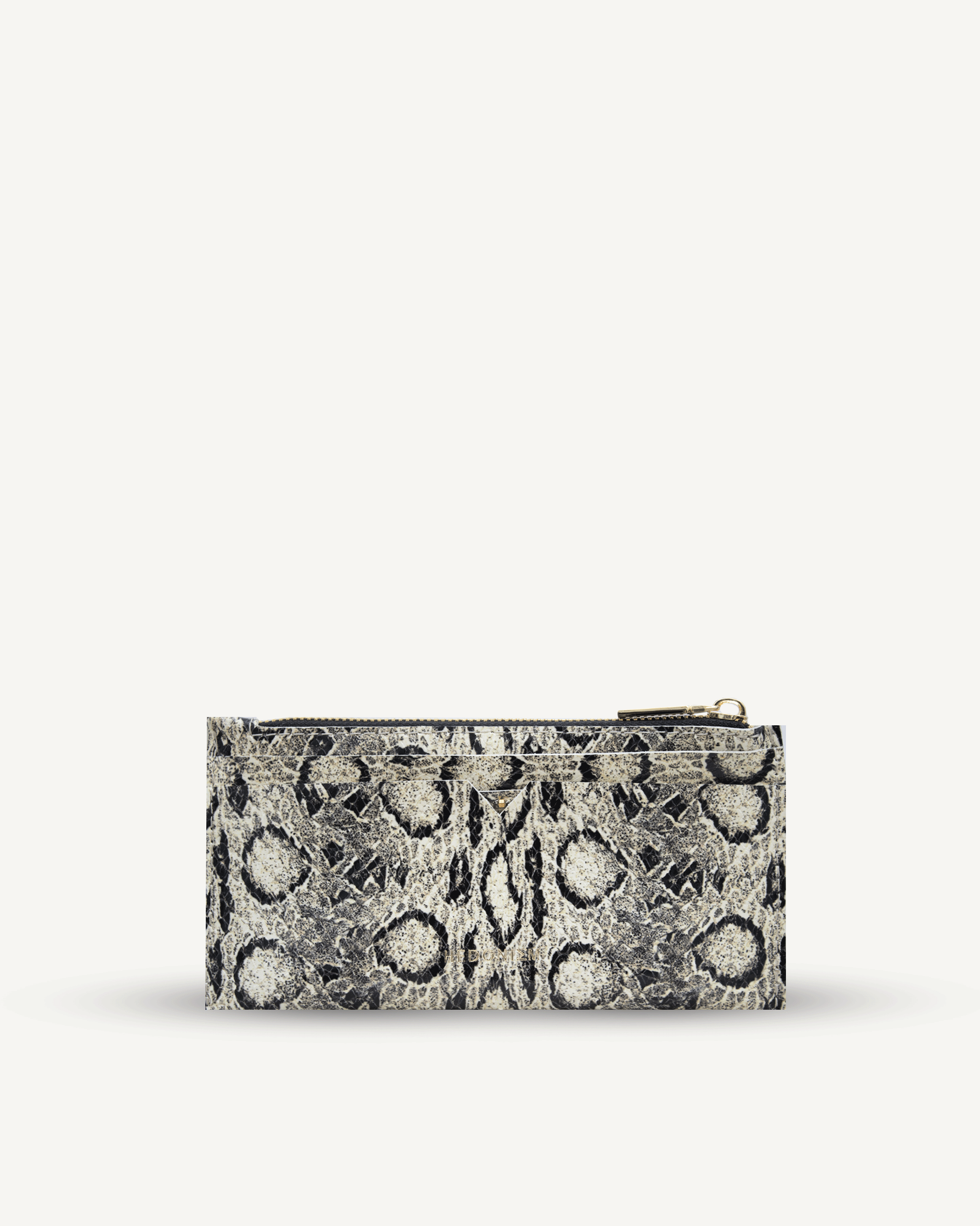 "V" wallet, black and white snake-embossed leather with hematite