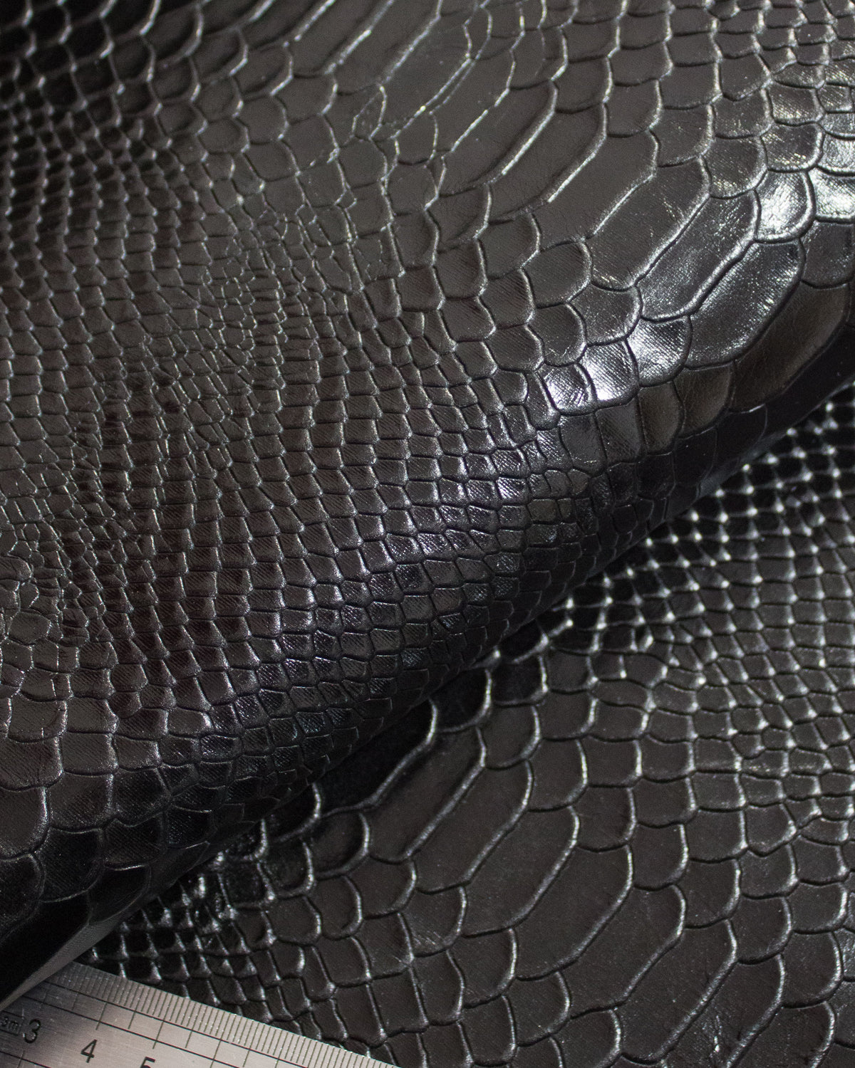 Black bovine satin leather embossed with an anaconda pattern. Limited edition