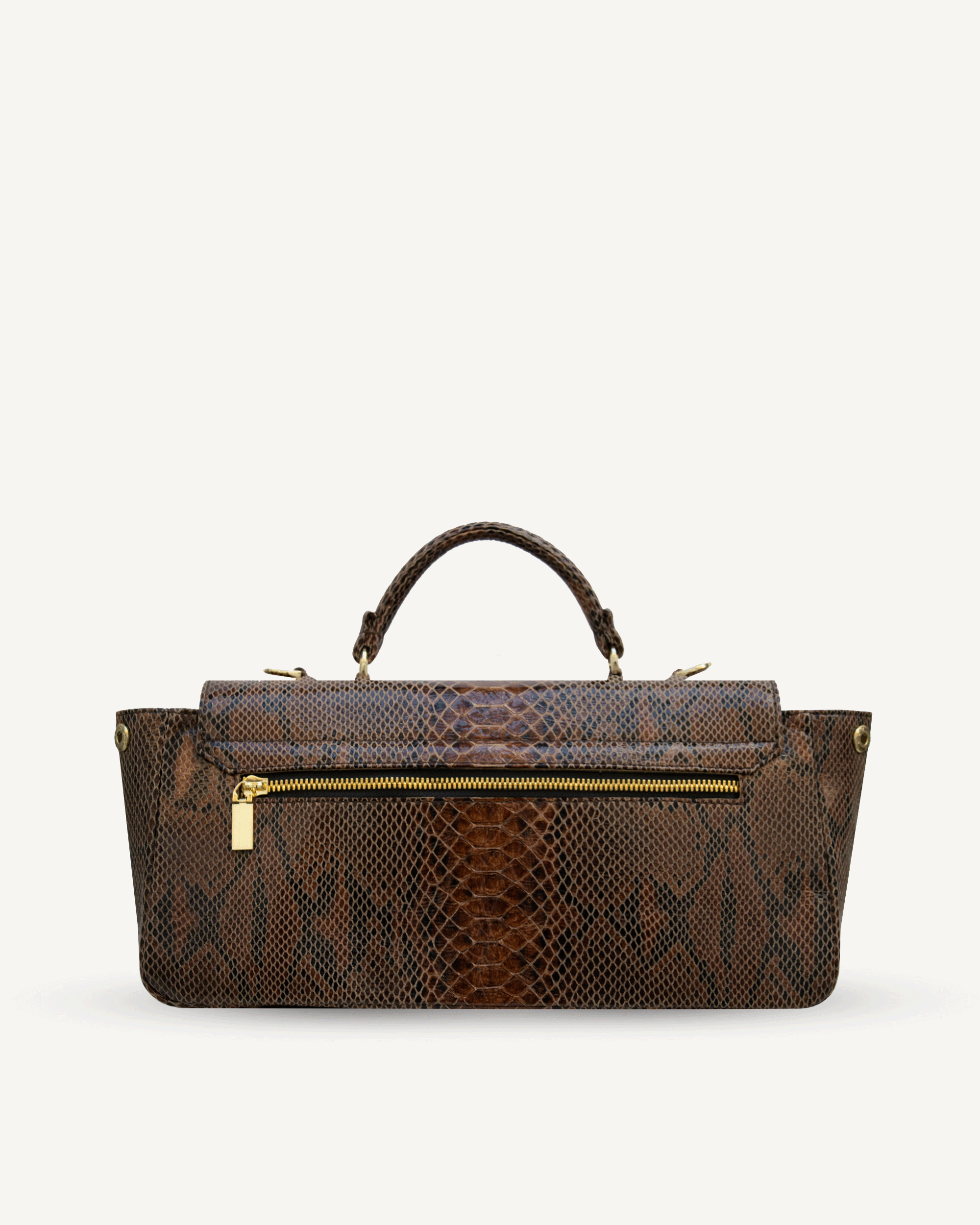 "Audrey Baguette" snake-embossed leather. Available in two colors.