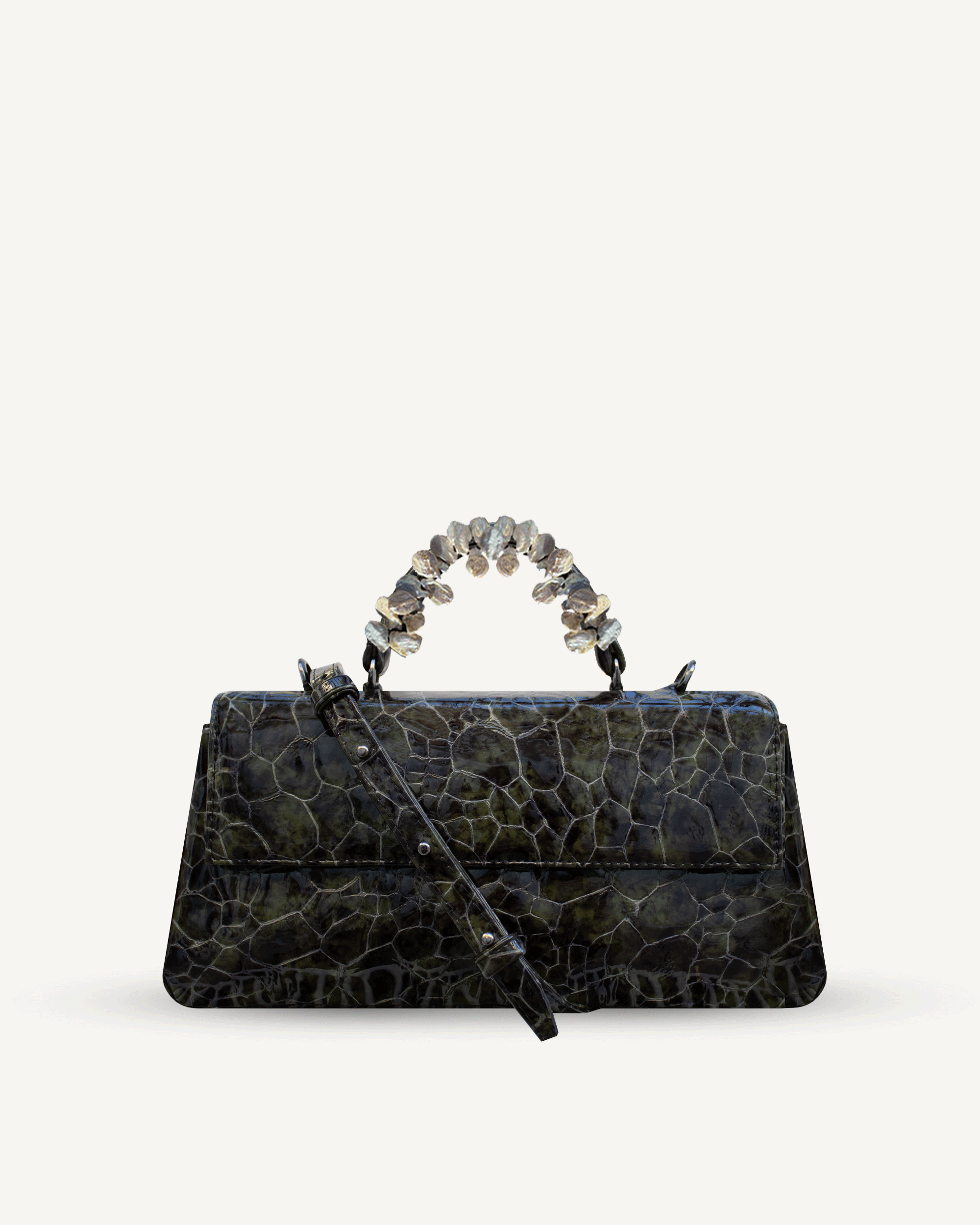 "Audrey Baguette" patent leather embossed with freshwater pearls. Available in three colors.