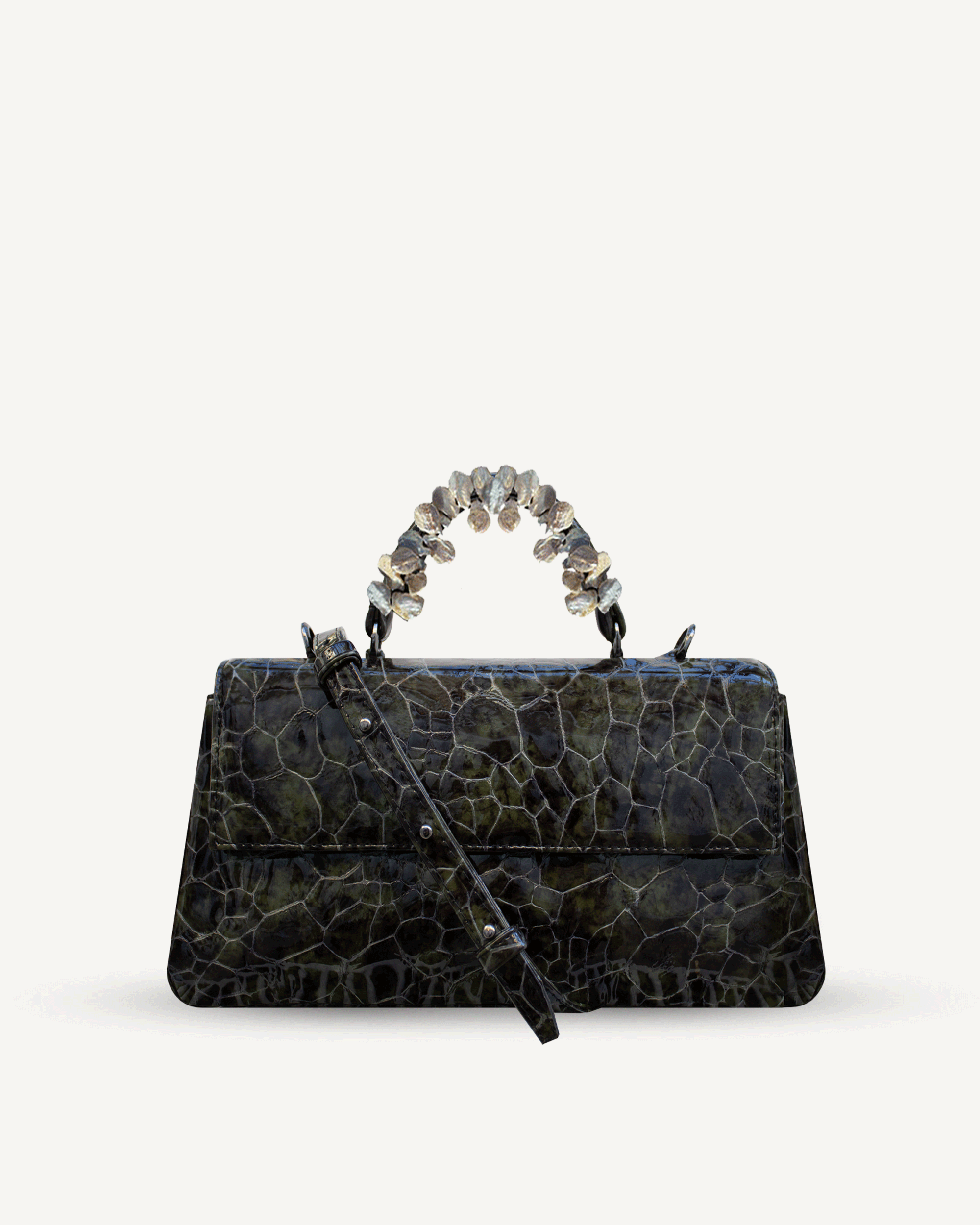 "Audrey M+" patent leather embossed with freshwater pearls. Available in three colors.