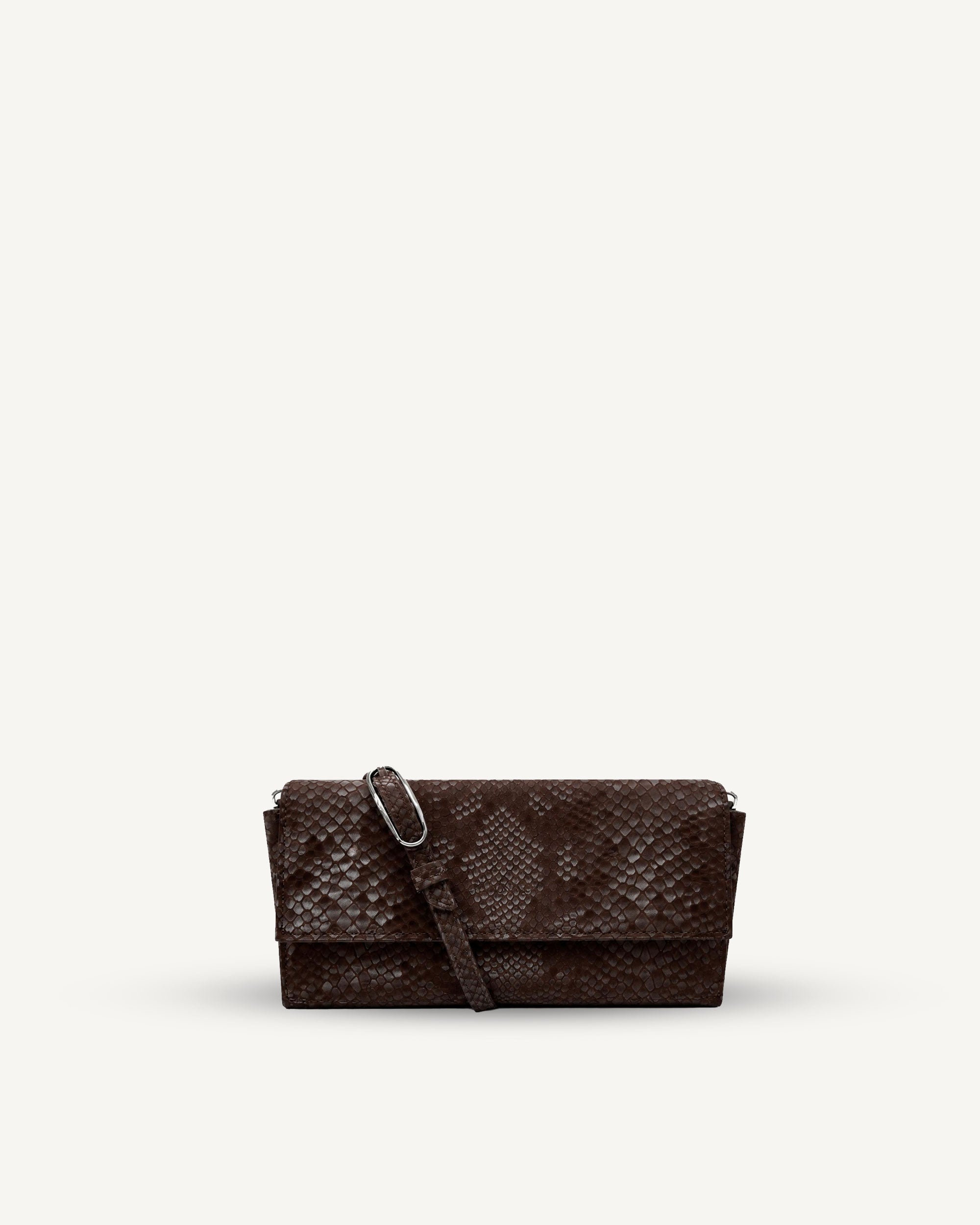 "All in one" 4-in-1 bag, brown and black snake-embossed leather. Last piece.