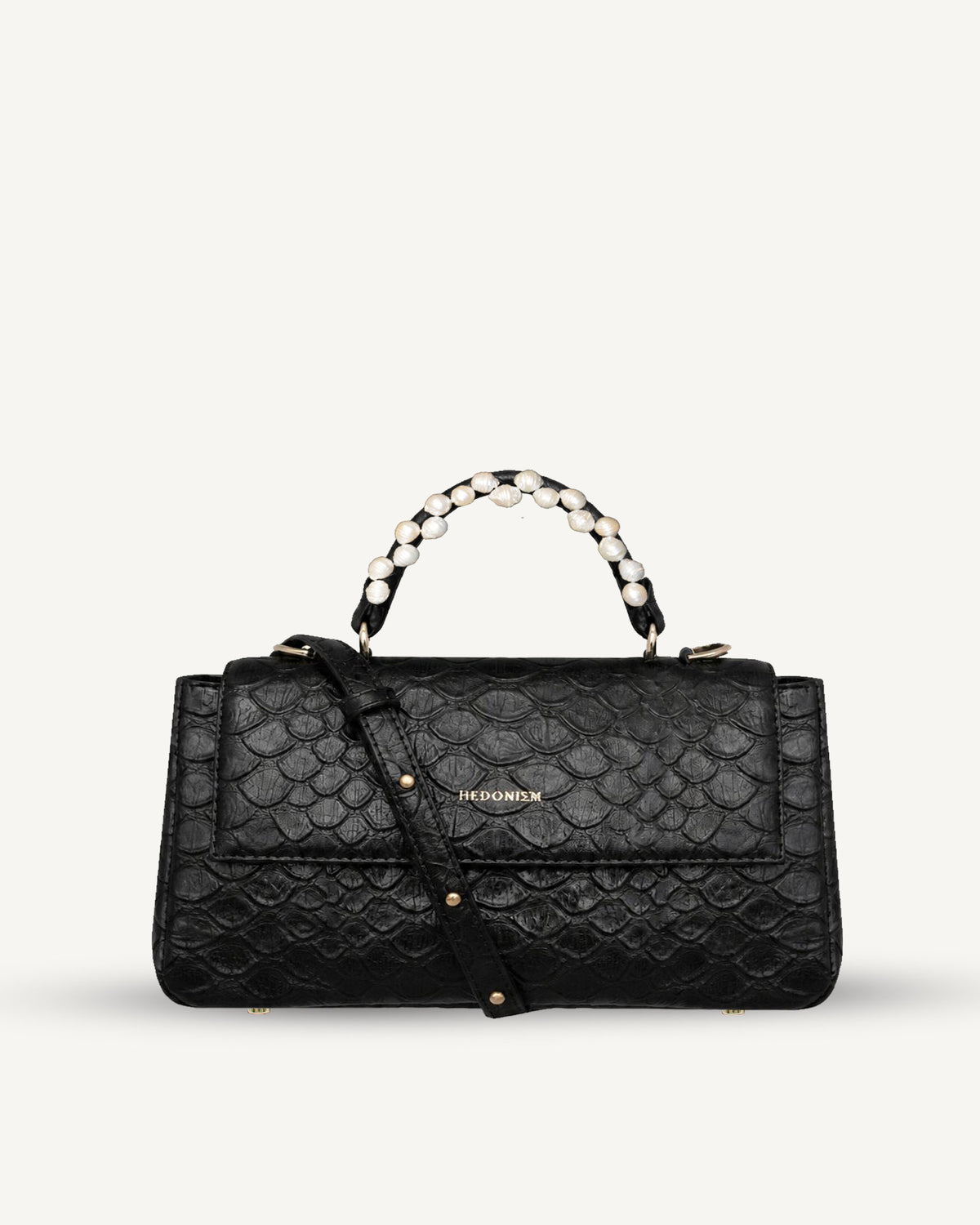 "Audrey Baguette" embossed snakeskin-patterned leather with freshwater pearls. Available in two colors