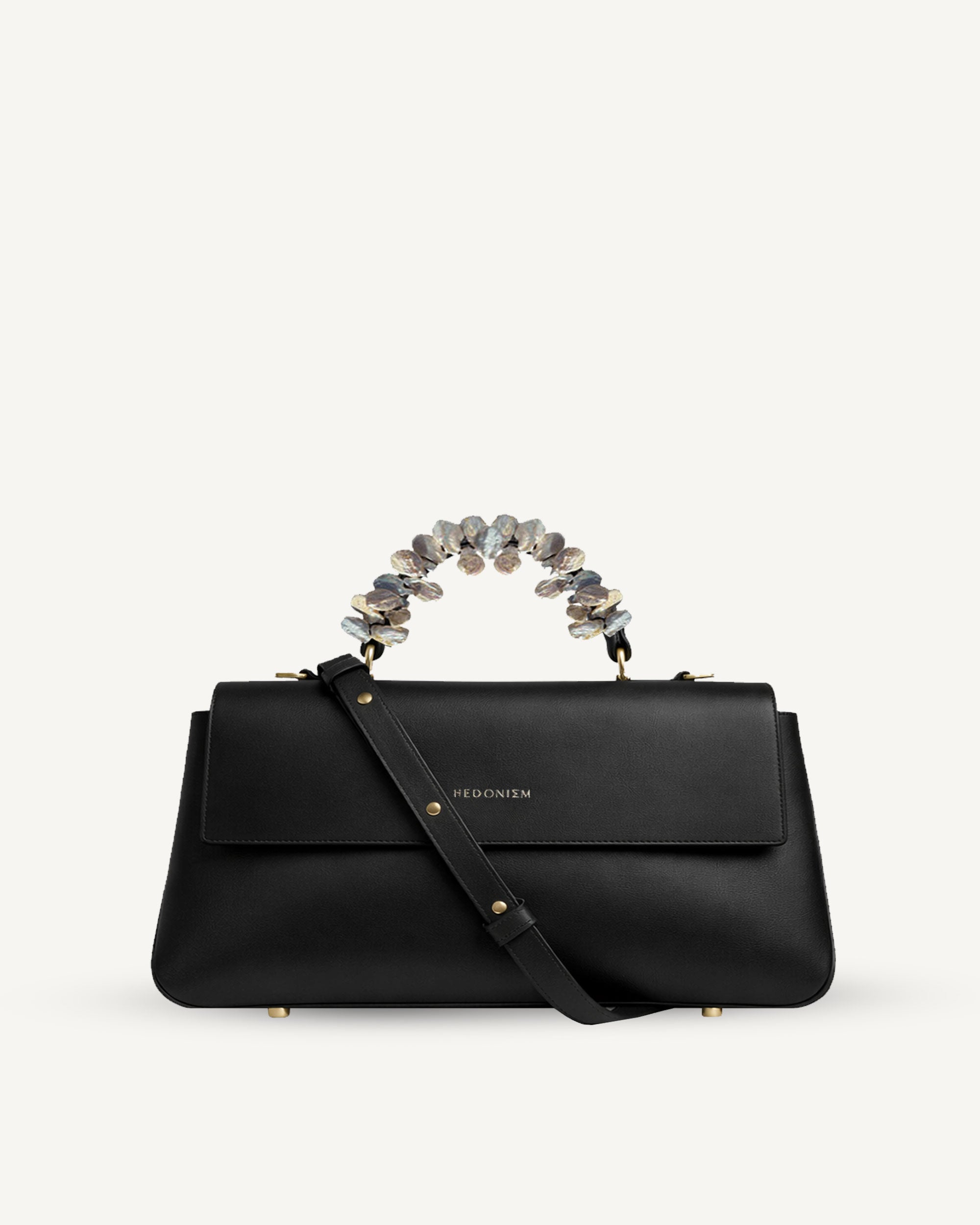 "Audrey Baguette" crocodile-embossed leather with freshwater pearls. Available in several leather colors.