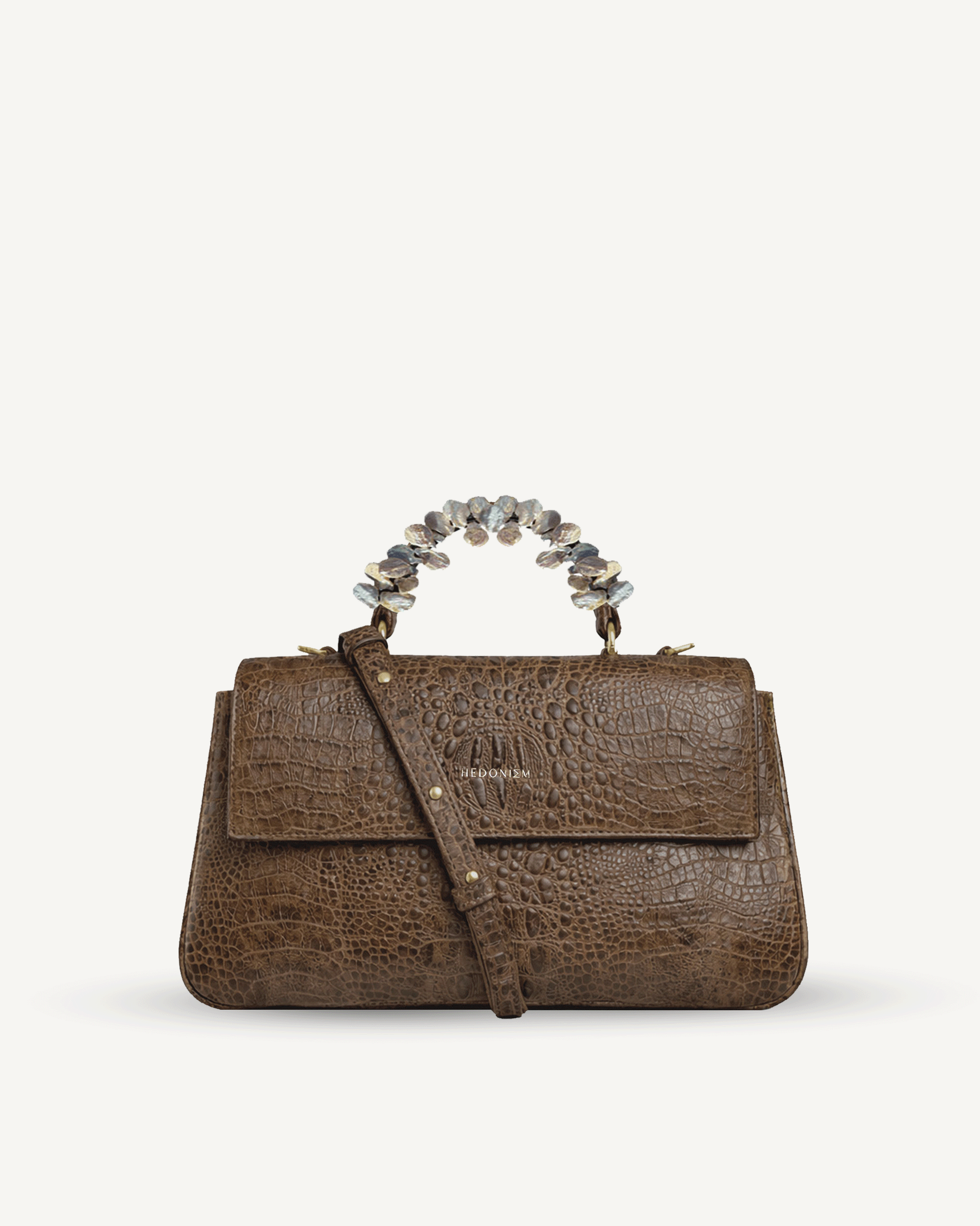 "Audrey M+" crocodile-embossed leather bag with freshwater pearls. Available in several leather colors.