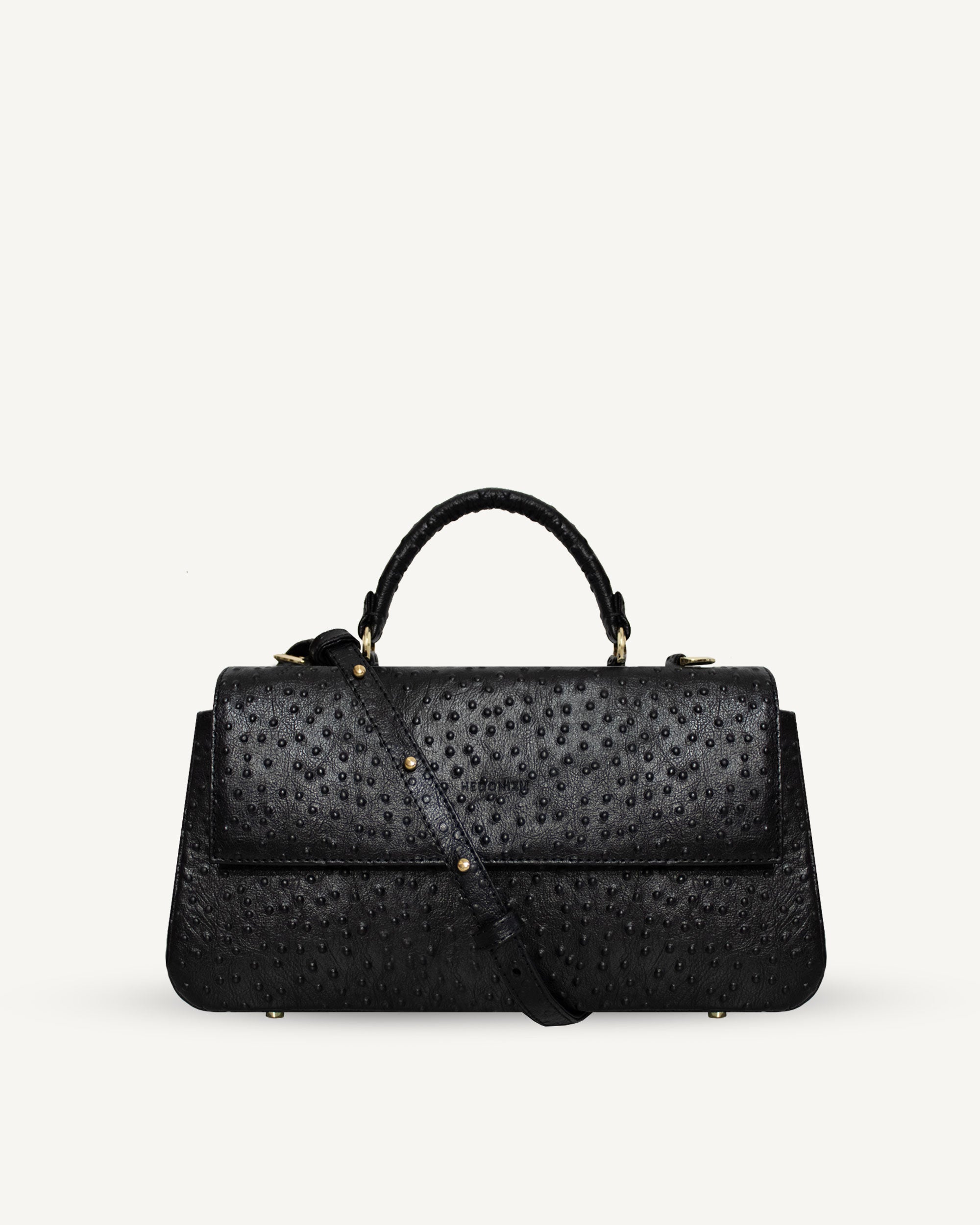 "Audrey M+" ostrich-embossed leather. Two colors