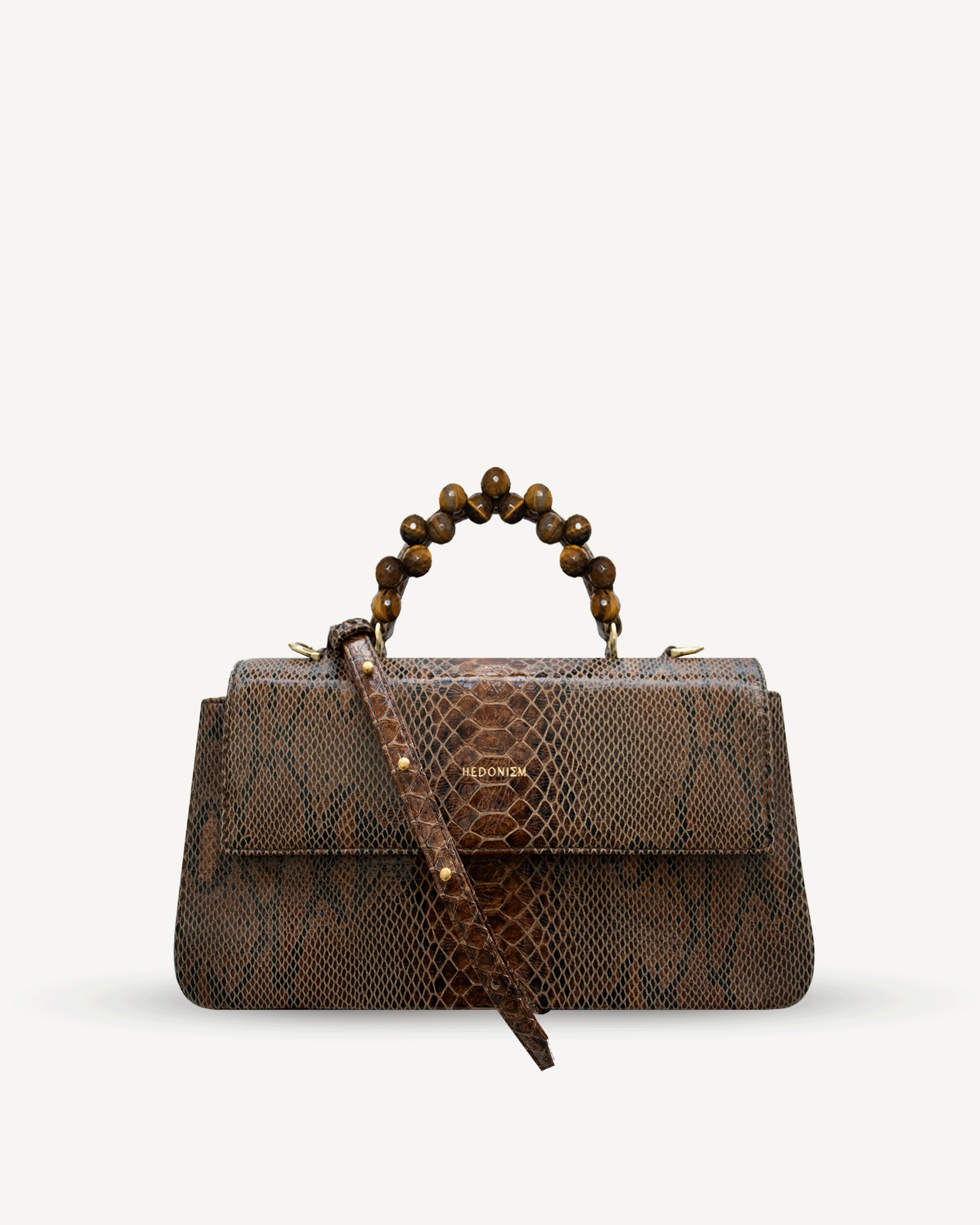 "Audrey M+" snake-embossed leather and faceted tiger's eye. Available in two colors.