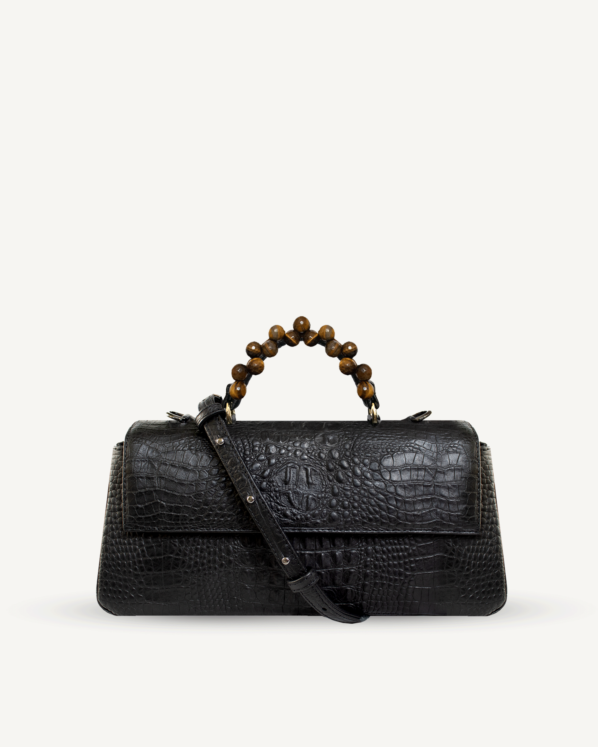 "Audrey Baguette" crocodile-embossed leather with faceted tiger's eye. Available in several leather colors.