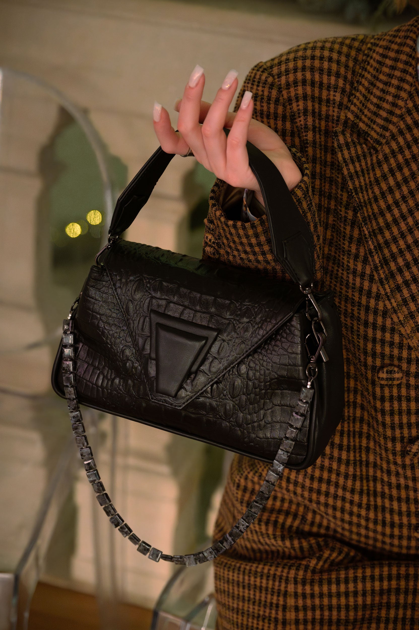 "Marquise de Montespan" smooth leather with crocodile embossing. Available in several colors.