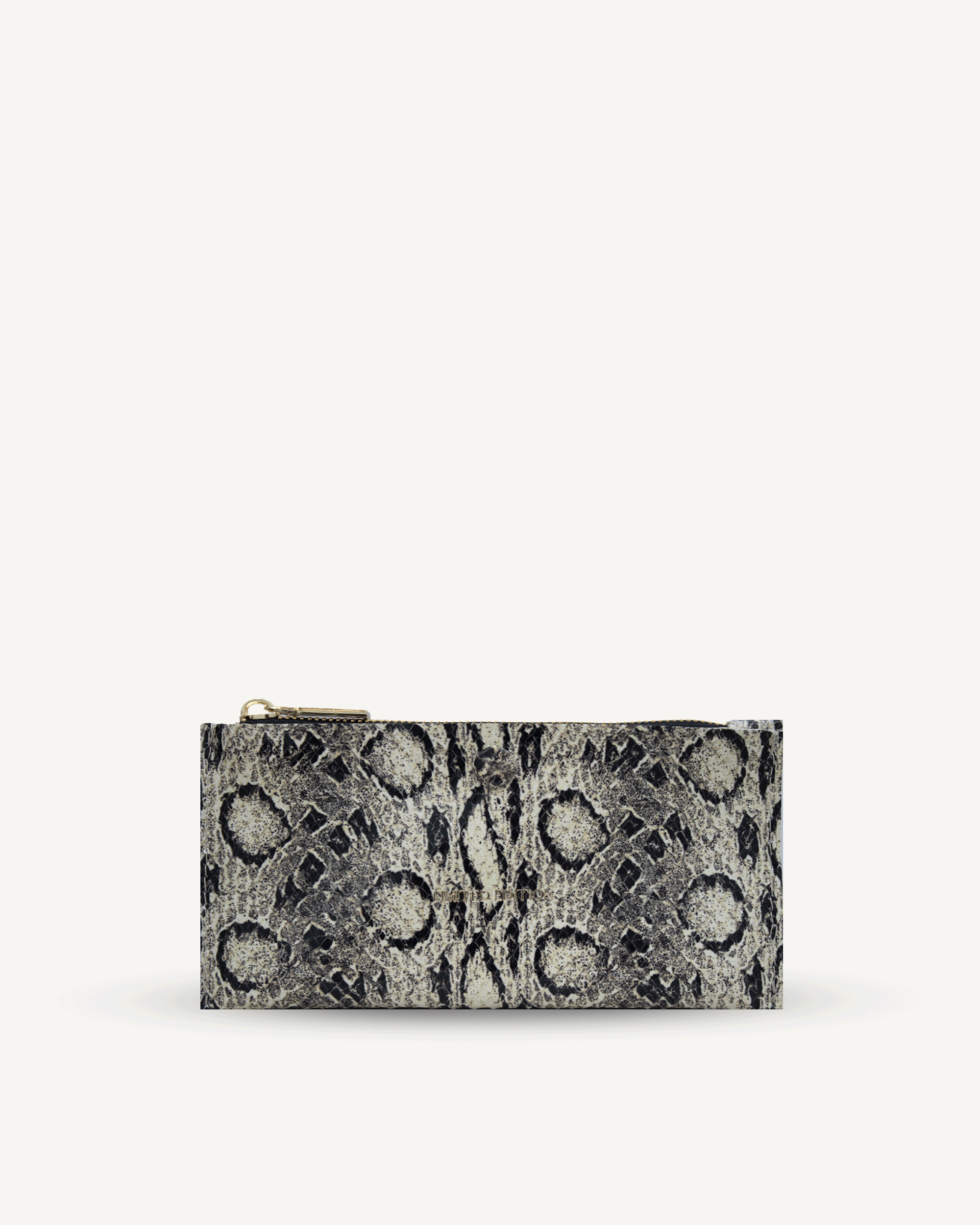 "V" wallet, black and white snake-embossed leather with hematite